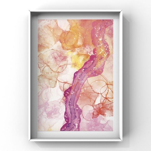 Abstract Alcohol Ink Pink, Yellow Gold Mermaid Painting Art Print Home decor - Picture 2 of 3